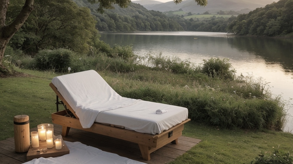 A beautiful massage setting by the shore of Windermere. Candles glow next to a white lounger.