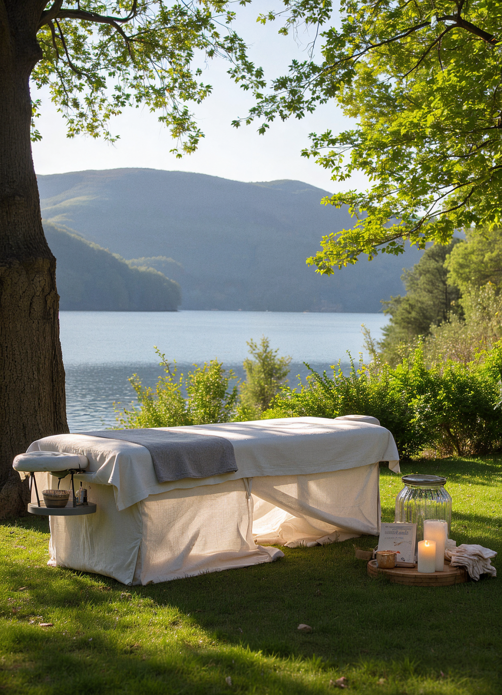 A serene and inviting Mobile Massage setup in the Lake District. A tranquil, beautifully arranged outdoor massage setting by Lake Windermere, with a cozy massage table with soft linens, surrounded by the picturesque Lake District landscape. Soft natural light filtering through the trees creating a peaceful ambiance.