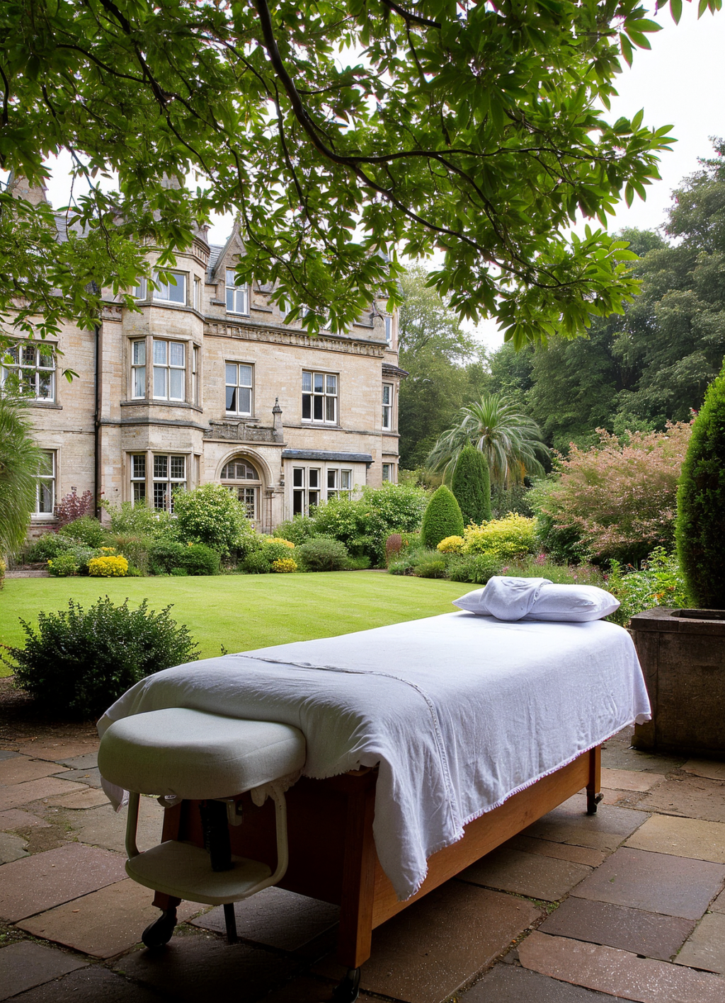 A tranquil setting by Lake Windermere at The Langdale Chase Hotel. This outdoor treatment setting is surrounded by lush gardens designed by Thomas Hayton Mawson. An elegant Elizabethan-style mansion in the background, blends historical charm with natural beauty.