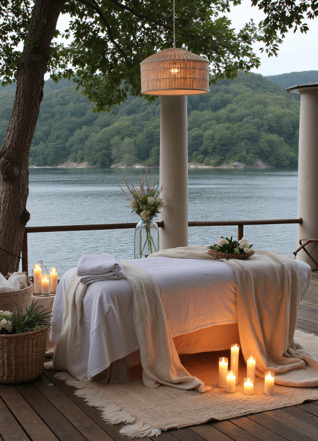 A luxurious mobile massage service in the picturesque Lake District. A serene outdoor setting, in a beautifully arranged treatment space, with soft candles and soothing decor. It includes tranquil waters and lush green hills of the Lake District.